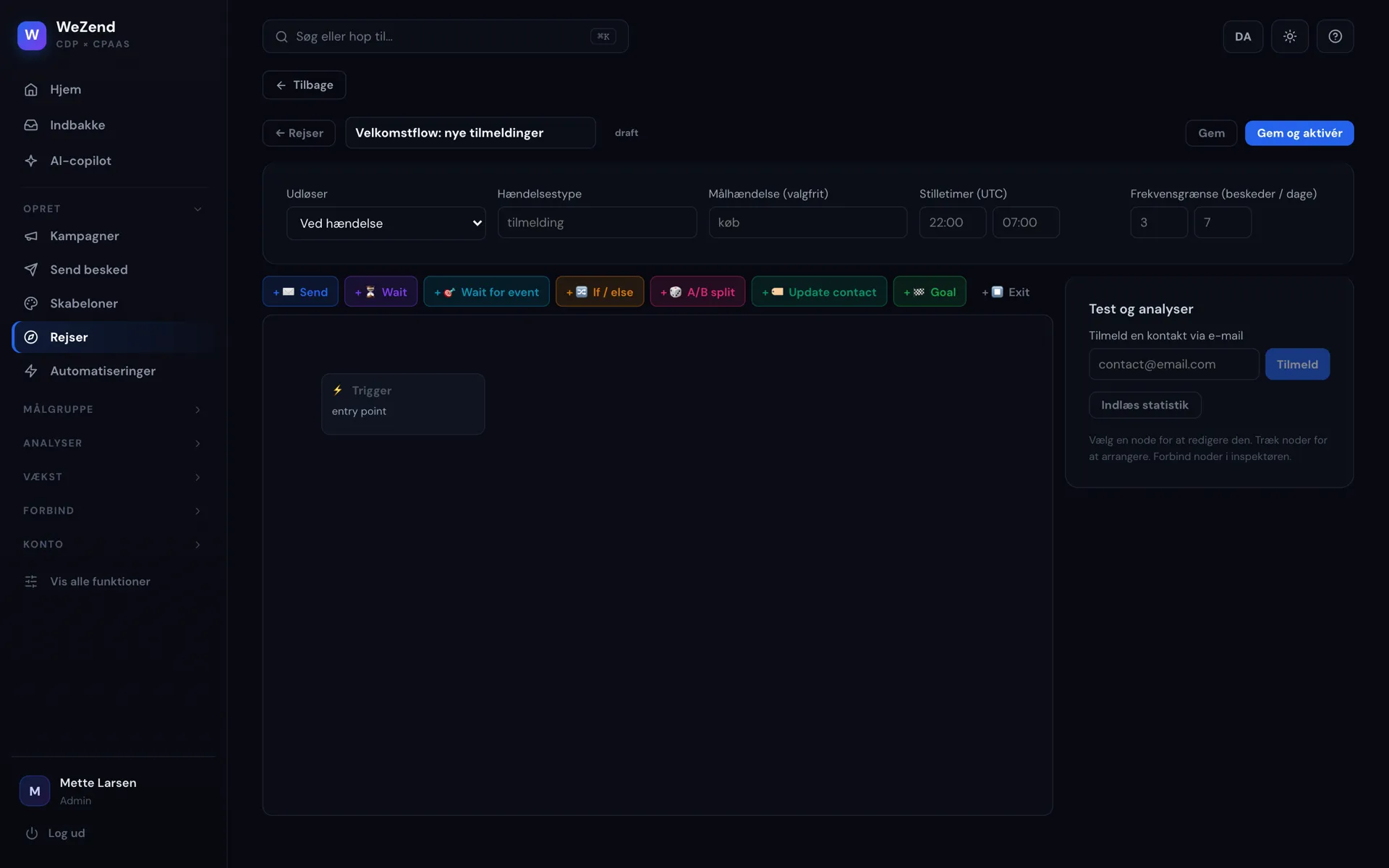 WeZend visual journey builder with triggers, sends and splits